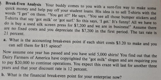 · Break-Even Analysis Your buddy comes to you with a sure-fire way to make some quick money and help pay off your student loa