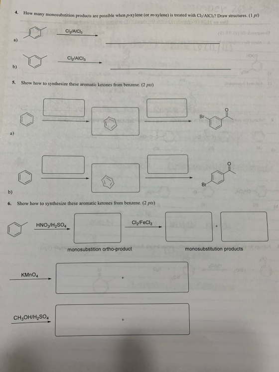 ow many monosubstition products are possible when p-xylene (or m-xylene) is treated with Cly/AICI;? Draw structures. (1 pt) C