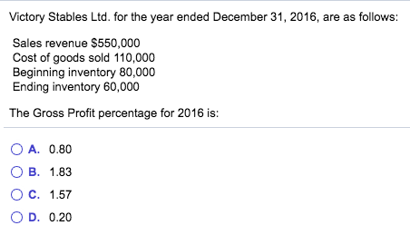 Victory Stables Ltd. for the year ended December 31, 2016, are as follows: Sales revenue $550,000 Cost of goods sold 110,000
