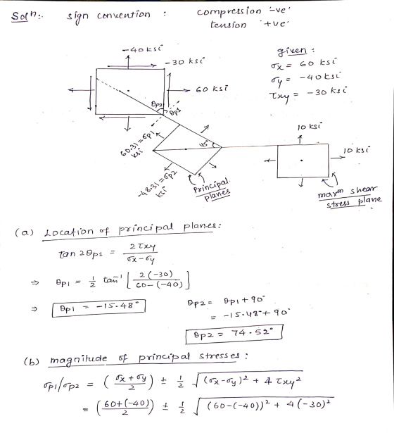 Soph: sign convention : compression -ve tension tue -40KSC - - 30 ksi given : ox= 60 ksi y = -40ksi Trey = -30 ksi -Goksi Q