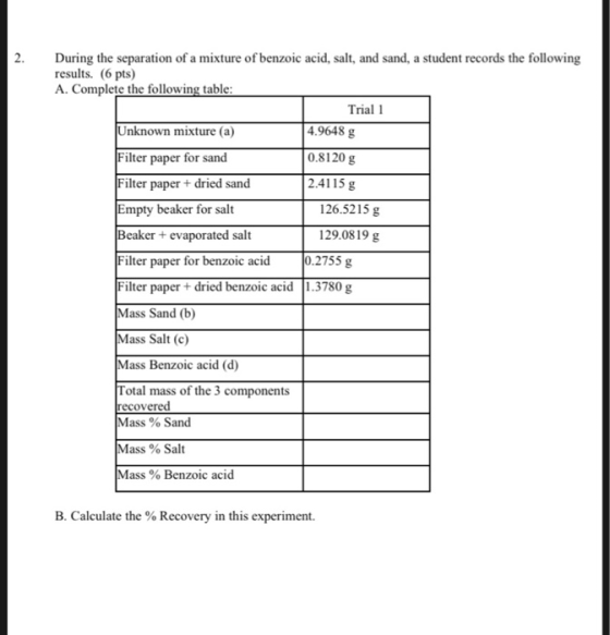 2 During the separation of a mixture of benzoic acid, salt, and sand, a student records the following results. (6 pts) A. Com
