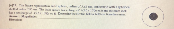 [6]29. The figure represents a solid sphere, radius of 5.62 cm, concentric with a spherical shell of radius 7.90 cm. The inne