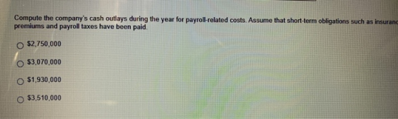 Compute the companys cash outlays during the year for payroll-related costs. Assume that short-term obligations such as insu