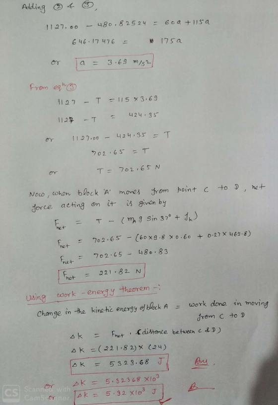 Adding & 4 , 1127.00 - 480.825 24 = 60a +11sa 646.17476 = 175 a la = 3.69 m/s2/ from eqh 1127 - T = 115*3.69 - T - 1128 424.3