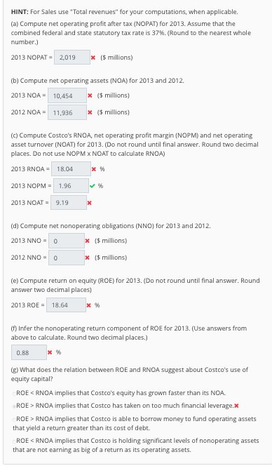 HINT: For Sales use Total revenues for your computations, when applicable. (a) Compute net operating profit after tax (NOPAT) for 2013. Assume that the combined federal and state statutory tax rate is 37%.(Round to the nearest whole number.) 2013 NOPAT 2,019 x (S millions) (b) Compute net operating assets (NOA) for 2013 and 2012. 2013 NOA10,454x($ millions) 2012 NOA: 11,936 ($ millions) (c) Compute Costcos RNOA, net operating profit margin (NOPM) and net operating asset turnover (NOAT) for 2013. (Do not round until final answer. Round two decimal places. Do not use NOPM x NOAT to calculate RNOA) 2013 RNOA 18.04 2013 NOPM-1.96 2013 NOAT9.19 (d) Compute net nonoperating obligations (NNO) for 2013 and 2012. 2013 NNO-0 2012 NNO-0 x$millions) x$millions) (e) Compute return on equity (ROE) for 2013. (Do not round until final answer. Round answer two decimal places) 2013 ROE-18.64 (f) Infer the nonoperating return component of ROE for 2013. (Use answers from above to calculate. Round two decimal places.) 0.88 (g) What does the relation between ROE and RNOA suggest about Costcos use of equity capital? ROE RNOA implies that Costcos equity has grown faster than its NOA ROE> RNOA implies that Costco has taken on too much financial leverage.x ROE> RNOA implies that Costco is able to borrow money to fund operating assets that yield a return greater than its cost of debt ROE RNOA implies that Costco is holding significant levels of nonoperating assets that are not earning as big of a return as its operating assets.