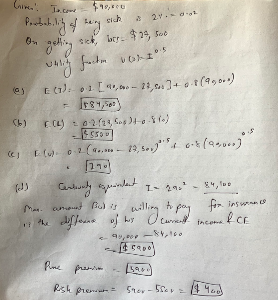 ors Given! Income $90,000 Probability of being sick is 24. – 0.02 On getting sick, lass- $27, 500 Utiling function VCD1° @j E