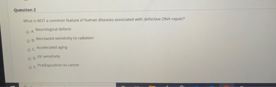 Question 2 What is NOT a common feature of human diseases associated with defective DNA repair? Neurological defects decrease