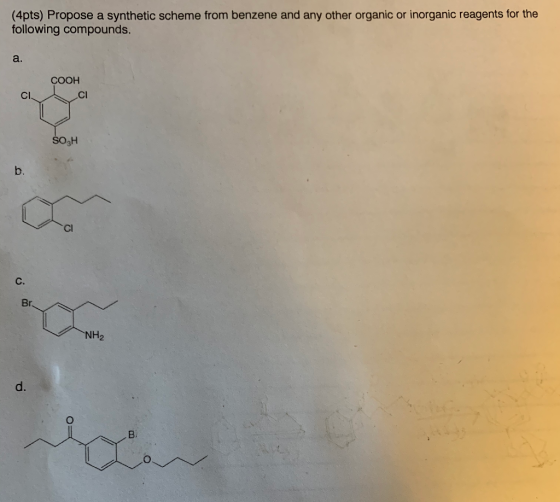 (4pts) Propose a synthetic scheme from benzene and any other organic or inorganic reagents for the following compounds. a. CO