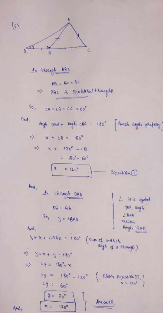 D C B In triangle ABC AB = BC = AC ABC is equilateral triangle So, LA = LB = LC = 60° and, Angle DBA + Angle CBA = 180° linea