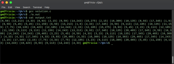 gm@Tricia: -/QA/C File Edit View Search Terminal Help gm@Tricia:-/QA/c$ gcc solution.c gm@Tricia:-/QA/c$ ./a.out gm@Tricia:-/