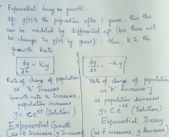 Exponential decay ok goowth: If y(t) is the population after t years, then this can be modeled by differential egr (bes ther