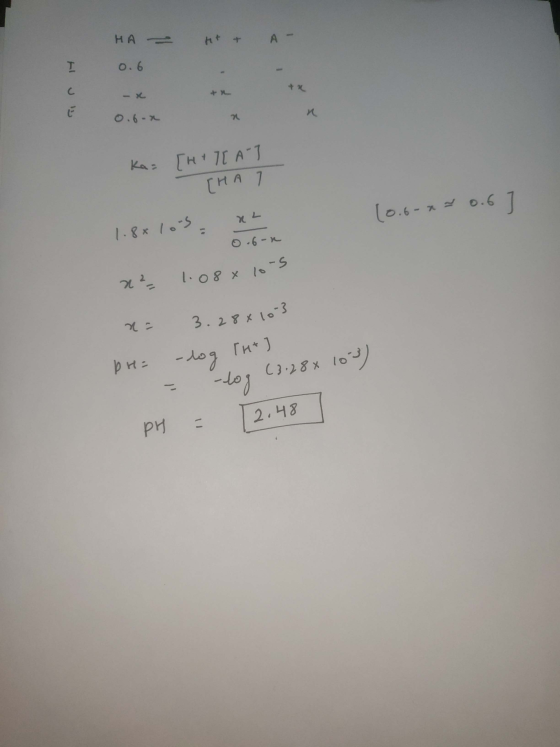 - t + A- HA 0.6 ا رہا ل ka= [HITTAI [НА 7 10.6-x = 0.6 1.8x10s un 0.6-n 2²- 1.08x10-5 3.28810 10-3 28 x br= -log The] = -log