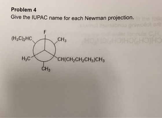 Problem 4 Give the IUPAC name for each Newman projection. the folle eniwoll ot orl broo 6lumol be F ormula CH (H3C)2HC CHз CH