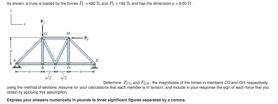 As shown, a truss is loaded by the forces P1 = 490 lb and P2 = 192 lb and has the dimension a = 9.00 ft. y P X G H P2 E B > a