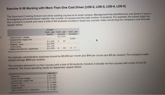 Exercise 9-18 Working with More Than One Cost Driver (LO9-2, LO9-3, LO9-4, LO9-5) The Gourmand Cooking School runs short cook