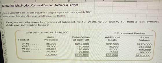 Allocating Joint Product Costs and Decsions to Process Further 3 Build a worksheet to allocate joint product costs using the