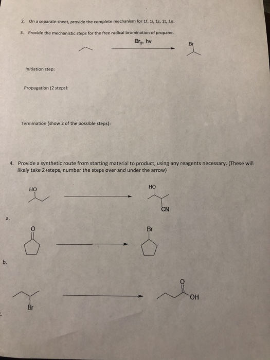 2. On a separate sheet, provide the complete mechanism for 1f, 1i, 1s, 1t, 1u. 3. Provide the mechanistic steps for the free