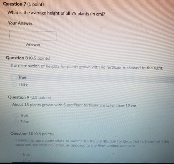 Question 7 (1 point) What is the average height of all 75 plants (in cm)? Your Answer: Answer Question 8 (0.5 points) The distribution of heights for plants grown with no fertilizer is skewed to the right. True False Question 9 (0.5 points) About 15 plants grown with SuperPlant fertilizer are taller than 19 cm. True False Question 10 (0.5 points) It would be more appropriate to summarize the distribution for GrowFast fertilizer with the mean and standard deviation, as opposed to the five-number summary. True
