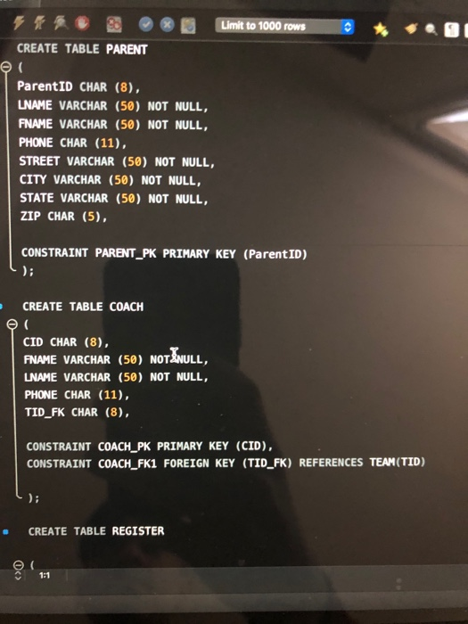 * Limit to 1000 rows CREATE TABLE PARENT ( ParentID CHAR (8), LNAME VARCHAR (50) NOT NULL, FNAME VARCHAR (50) NOT NULL, PHONE