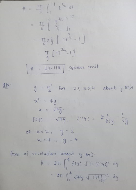 A 1+ dt 2 TO (1791] M = 24.110 square unit 012: < y = x for 24 msu about y-Axis g? = 4y - Jay. fly) vty, f(4) - 7 dny vy a