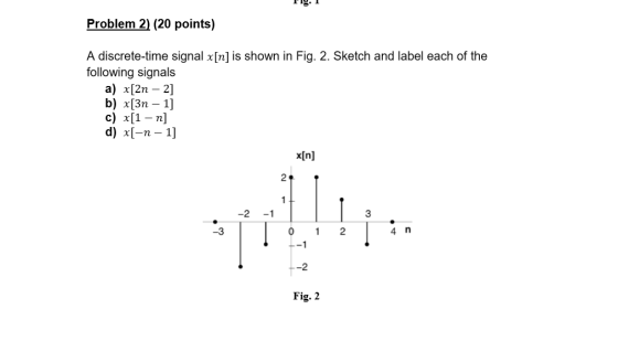 lig. 1 Problem 2) (20 points) A discrete-time signal x[n] is shown in Fig. 2. Sketch and label each of the following signals