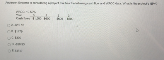Anderson Systems is considering a project that has the following cash flow and WACC data. What is the projects NPV? WACC: 10.50% Year Cash flows -$1,500 $600 600 $600 0 2 3 0 A,-$19.16 ○ B. $1479 ° C. $300 ○ D,-$20.93 O E. $1519