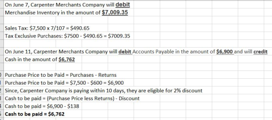 On June 7, Carpenter Merchants Company will debit Merchandise Inventory in the amount of $7,009.35 Sales Tax: $7,500 x 7/107