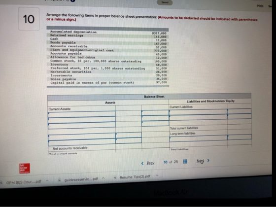 Saved Help Sa Arrange the following Items in proper balance sheet presentation: (Amounts to be deducted should be Indicated w