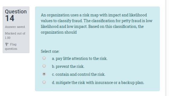 Question 14 An organization uses a risk map with impact and likelihood values to classify fraud. The classification for petty