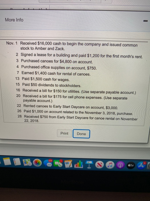 More Info Nov. 1 Received $16,000 cash to begin the company and issued common stock to Amber and Zack. 2 Signed a lease for a