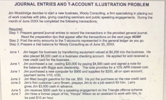 JOURNAL ENTRIES AND T-ACCOUNT ILLUSTRATION PROBLEM Jim Wooldridge decides to start a new business, Wooly Consulting, a firm s