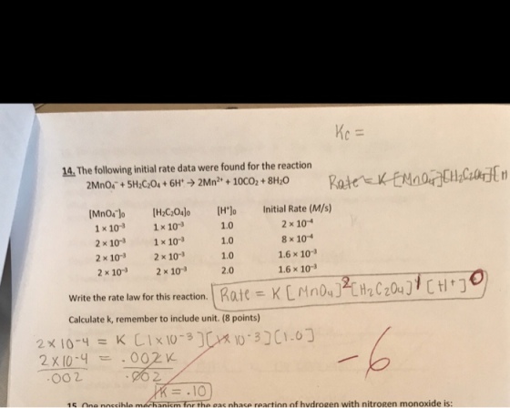 Kc 14, The following initial rate data were found for the reaction Mno lo [H C 0Jo [o Initial Rate (M/s) 1 x 103 1x 10- 2x10-3 1x10-3 2 x 10 2 x10- 2 x 103 2 x 10 2 x 104 8 x 104 1.6 x 10-3 1.6 x 10-3 1.0 1.0 2.0 Write the rate law for this reaction. I Rate = K [ rin 04 MH2C2A.] Calculate k, remember to include unit. (8 points CH t J 2x10-q .002 K = 2 =.10 hanicm for the pas nhace reaction of hvdrogen with nitrogen monoxide is: