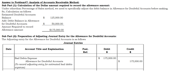 Answer to Problem#7: Analysis of Accounts Receivable Method: Sub Part (1): Calculation of the Dollar amount required to recor