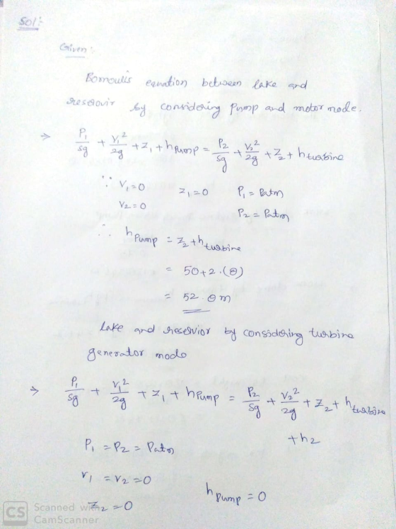 Bomulls equation between lake and esclovir sy considering Pump and motor mode, resoviy hump = 2 24 +2, + V2 V sq 2g + 2+ h tu