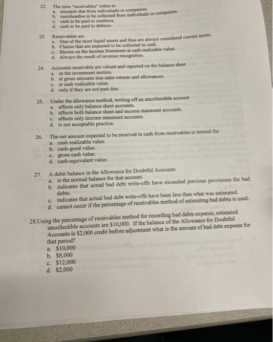 22. The term receivables refers to a. amounts due from individuals or companies. b. merchandise to be collected from indivi
