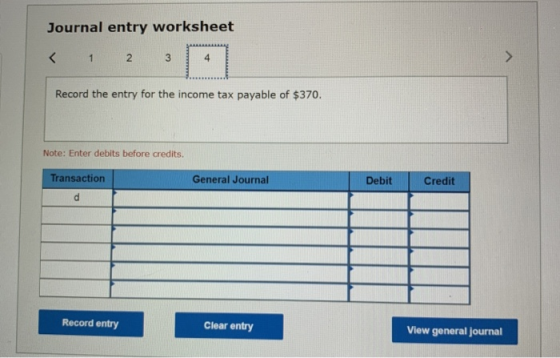 Journal entry worksheet < 1 2 3 Record the entry for the income tax payable of $370. Note: Enter debits before credits. Trans