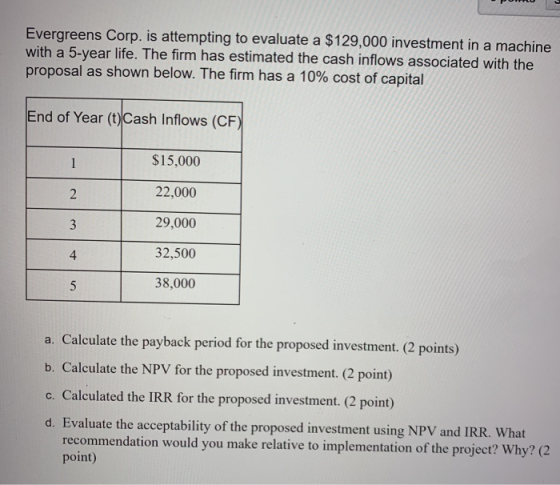 Evergreens Corp. is attempting to evaluate a $129,000 investment in a machine with a 5-year life. The firm has estimated the