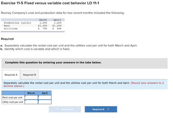 Exercise 11-5 Fixed versus variable cost behavior LO 11-1 Rooney Companys cost and production data for two recent months included the following: April 1,000 1,200 $1,200 $1,200 $ 700 840 March Production (units) Rent Utilities Required a. Separately calculate the rental cost per unit and the utilities cost per unit for both March and April b. Identify which cost is variable and which is fixed. Complete this question by entering your answers in the tabs below. Required A Required B Separately calculate the rental cost per unit and the utilities cost per unit for both March and April. (Round your answers to 2 decimal places.) March April Rent cost per unit Utility cost per unit Required A Required B>