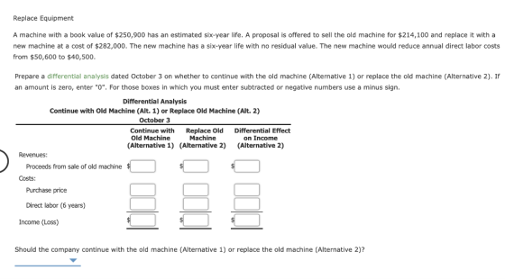 Replace Equipment A machine with a book value of $250,900 has an estimated six-year life. A proposal is offered to sell the o