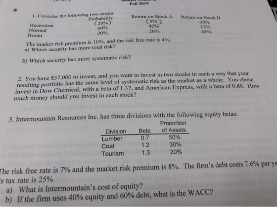 Fall 2019 609 1. Consider the following two stocks: Probability Return on Stock A (20%) (9% Recession ) 42% Normal Boom 20% 2