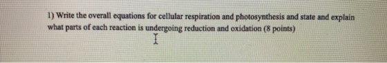 1) Write the overall equations for cellular respiration and photosynthesis and state and explain what parts of each reaction