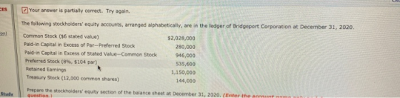 Your answer is partially correct. Try again. The following stockholders equity accounts, arranged alphabetically, are in the