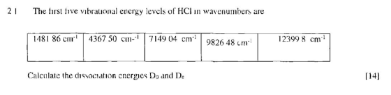 2 The frst tive vibrational energy levels of HCl n wavenumbers are 1481 86 спı | 4367 50 cin_1 | 7149 04 cm 9826 48 m 12399 8 cm CImm Calculate the dissociation cnergies Do and De 1141