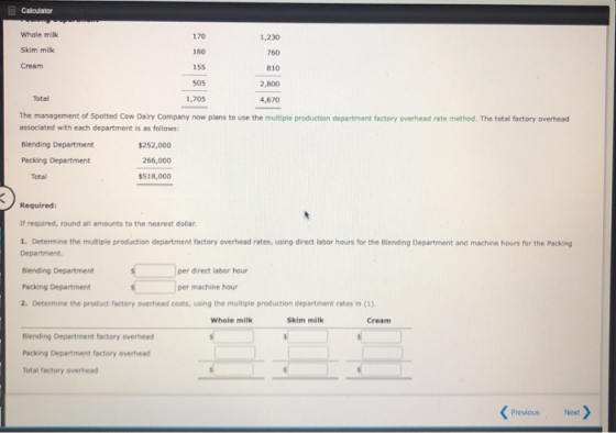 Calculator Whole mil 1.230 760 Skimmi Cream 155 2,800 Total 1.705 The management of Spotted Cow Dairy Company now plans to us