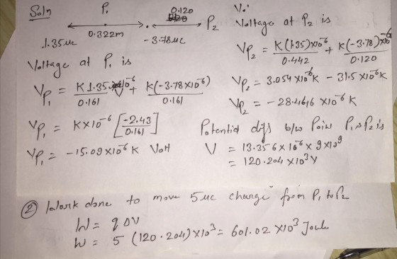 V. 0.120 9220 0.322m 1.35ue -3.78uc 0.442 0:120 Voltage at P, is Soln P. 20 l Voltage at P2 is VP = K (435)x67K1-3-78 Vp K 1.