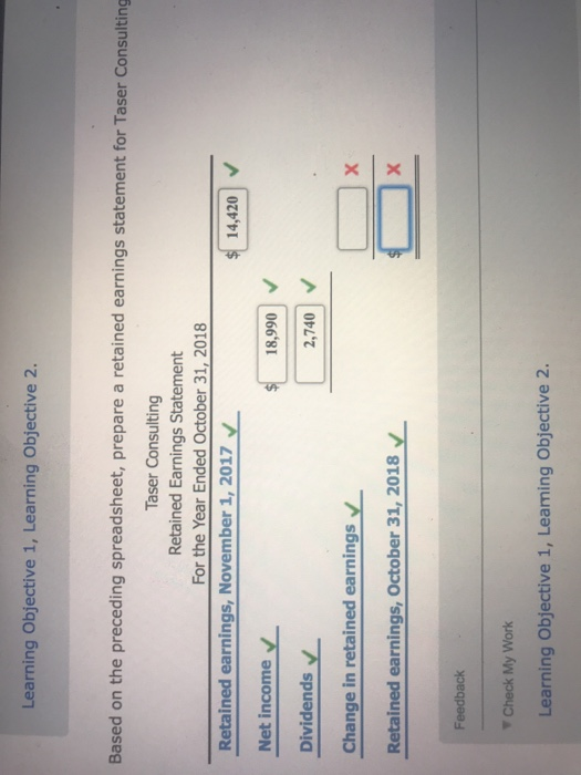Learning Objective 1, Learning Objective 2. Based on the preceding spreadsheet, prepare a retained earnings statement for Tas