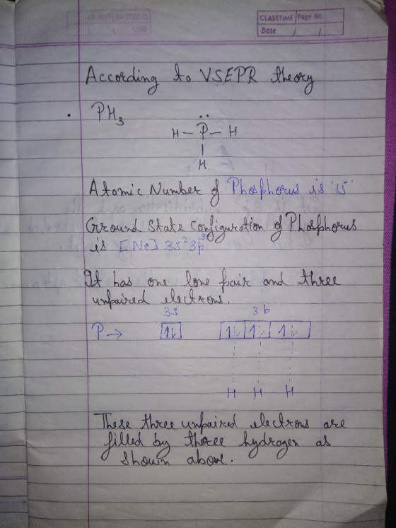 CLASSTIME Page No. Date 1 According to VSE PR theory HIP-H Atomic Number of Phosphorus is 15 Guround State Configuration of