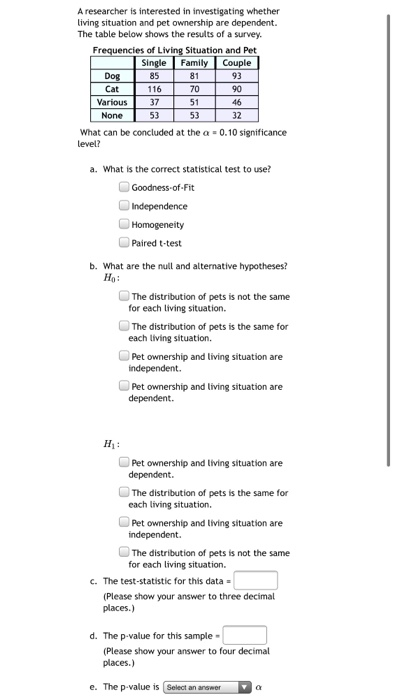 A researcher is interested in investigating whether living situation and pet ownership are dependent. The table below shows t