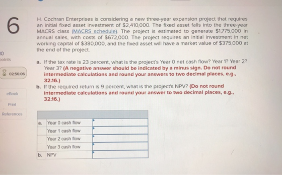 H. Cochran Enterprises is considering a new three-year expansion project that requires an initial fixed asset investment of $