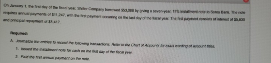 On January 1, the first day of the fiscal year, Shiller Company borrowed $53.000 by alving a seven-year, 11% installment note